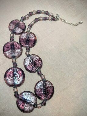Purple Foil Glass Statement Necklace Large Round Beads Silver Tone